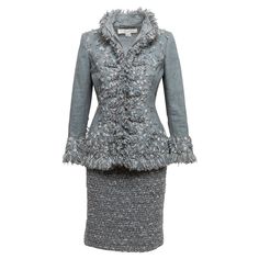 Light blue and grey wool and cashmere tweed skirt suit by Oscar de la Renta. Jacket features fringe trim and front zip closure. Skirt features zip closure. Jacket- 36" bust, 16" shoulder width, 23" sleeve length, 25" length, Skirt- 28" waist, 34" hips, 21" length. Long Tweed Skirt Outfit, Tweed Skirt Outfit, Cashmere Skirt, Tweed Skirt Suit, Oscar Fashion, Capsule Wardrobe Outfits, Wardrobe Outfits, Suits For Sale, Tweed Skirt