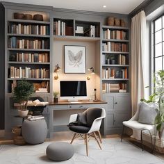 a home office with built - in bookshelves, desk and chair is shown