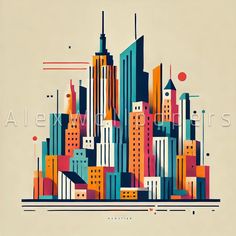 an abstract cityscape with skyscrapers and dots in blue, red, orange, yellow and white