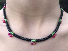 "FREE SHIPPING!! Black cherry trendy choker necklace.  Made with nylon string measuring 16\" with a 2\" stainless extender chain.  Also can me made at 14\".  Seed beads are good quality Toho 6/0 That measures at 4mm. This necklace is a very trendy piece and cute as can be. Nice for all ages as great at 14\" as a choker.  This listing comes with a complimentary gift to say thank you" Cherry Choker, Bead Cherry, Trendy Chokers, Necklace Friendship, Diy Jewelry Inspiration, Black Seed, Free Bracelet, Trendy Necklaces, Wish Bracelets