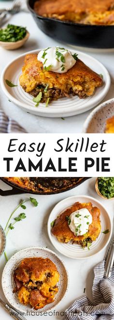 the easy skillet tamale pie is ready to be eaten and served on plates