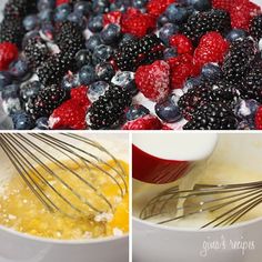 three pictures showing the process of making mixed berries and eggs in a mixing bowl with whisks