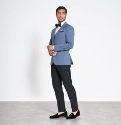 Light Blue Shawl Jacket Tuxedo | The Black Tux Blue Tuxedo Style Evening Outerwear, Blue Winter Evening Suits, Winter Evening Blue Suits, Blue Tuxedo Style Long Sleeve Blazer, Winter Blue Tuxedo With Notch Lapel, Blue Notch Lapel Tuxedo Outerwear, Blue Notch Lapel Tuxedo Style Outerwear, Blue Notch Lapel Tuxedo, Light Blue Tuxedo Wedding