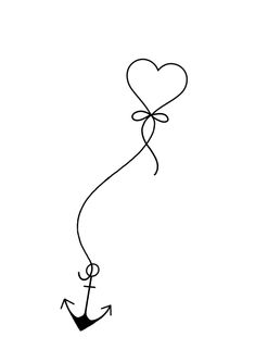 a black and white drawing of an anchor with a heart shaped balloon attached to it