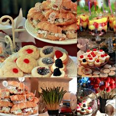 a collage of different desserts and pastries on display at a buffet table