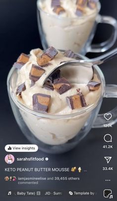 two cups filled with ice cream and marshmallows on top of each other