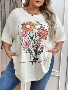 Plus Size Loose Round Neck Short Sleeve Vacation T-Shirt Apricot Casual  Short Sleeve Knitted Fabric Floral,Letter,Plants  Medium Stretch  Women Plus Clothing, size features are:Bust: ,Length: ,Sleeve Length: