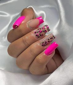 Pink Leopard Nails, Sqaure Nails, Acrylic Nail Designs Coffin, Pink Ombre Nails, Simple Acrylic Nails