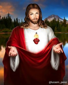 jesus holding his hands out in front of the water and mountains with trees behind him