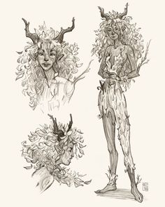 three different drawings of an elf with horns and flowers on her head, standing in front of