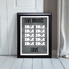 a black and white poster with the words live music love on it in front of a door