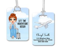 "Summer Vacation Luggage Tag, Girls Trip Tag Easily identify your backpack, athletic bag, or suitcase with a personalized tag.  How to Order: In the \"Notes to SandysCustomDesign\" section at checkout, please copy and paste the following: Front -  Quote Back - First and Last Name, Phone Number, etc Choose a Girl and Eye Color (see chart) Choose Hair (see chart) Choose an Outfit and shoes (see chart) Choose Suite Case (see chart) Small or Large Please verify the spelling of the name before you pl Vacation Gift Bag Ideas, Choose An Outfit, Best Friend Tag, Travel Bag Tag, Gift For Traveler, Baggage Tags, Travel Tags, Senior Trip, Travel Luggage Tag