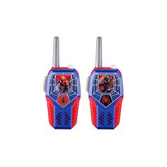 two children's toy walkie talkies with spiderman faces on the sides