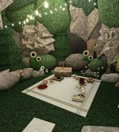 a room with grass walls and lots of food on the floor