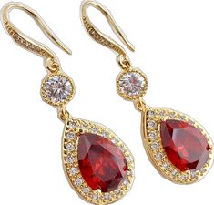 Formal Red Pear-shaped Earrings, Red Pear-shaped Earrings For Formal Occasions, Red Ruby Pear-shaped Earrings, Elegant Red Teardrop Bridal Earrings, Red Pear-shaped Wedding Earrings, Red Teardrop Earrings For Anniversary, Gold Ruby Bridal Earrings For Formal Occasions, Red Pear-shaped Cubic Zirconia Earrings, Formal Red Cubic Zirconia Bridal Earrings