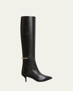 Gucci "Signoria" tall leather boots with logo chain accent    1.75 in / 45 mm kitten heel    Pointed toe    Pullon style    Leather outsole    Lining: Leather    Made in Italy Evening Flats, Tall Leather Boots, Loafer Mules, Flat Boots, Leather Logo, Pump Sandals, Platform Pumps, Kitten Heel, Tall Boots