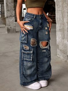 Women's Loose Fit Wide Leg Distressed Denim Jeans With Multiple Utility Pockets Blue Casual   Denim Plain Wide Leg Non-Stretch  Women Clothing, size features are:Bust: ,Length: ,Sleeve Length: Shein Fits, Baggy Style, Distressed Denim Jeans, Petite Jeans, Women Denim Jeans, Lookbook Outfits, Casual Denim, Jeans Denim, Distressed Denim