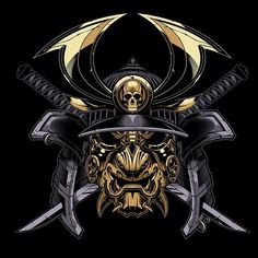 two crossed swords are on top of each other in front of a black background with gold accents