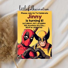 an image of a birthday party with deadpools on the front and yellow background