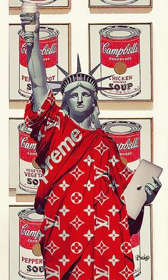 a painting of the statue of liberty with cans of soup