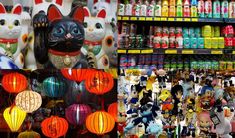 there are many colorful lanterns and cats on display in the store, along with other items