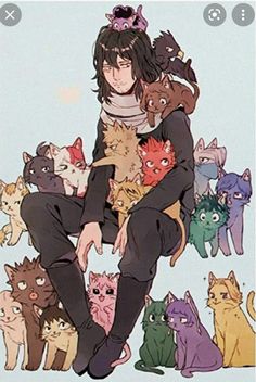 a woman sitting on top of a pile of cats