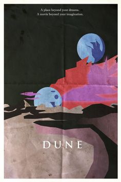 the poster for dune is shown in red, purple and blue colors on black paper