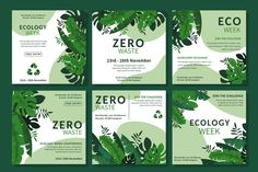 brochure with green leaves and plants for eco waste day, on dark background