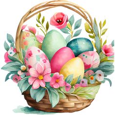 a basket filled with eggs and flowers on top of a white background, painted in watercolor