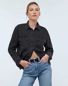 Denim Western Button-Up Shirt in Lunar Wash Denim Shirt Outfit Women, Black Denim Shirt, Denim Shirt Outfit, Madewell Shirts, Western Denim Shirt, Levis Shirt, Shirt Blouses Tops, Western Shirt, Western Shirts