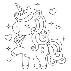 a cute unicorn with hearts and stars on it's head coloring pages for kids