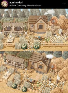 two pictures of an animal crossing new horchons with trees and houses in the background