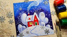 a painting of a red house on a snowy hill with trees and snowflakes