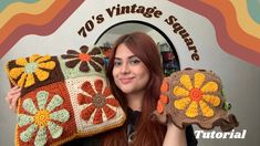 a woman holding two crocheted pillows in front of a sign that says 70's vintage squares