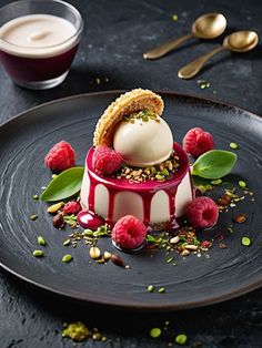 a dessert with raspberries, cream and nuts on a black plate next to two cups of coffee