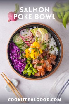 salmon poke bowl with rice, cucumber, radishes and green beans