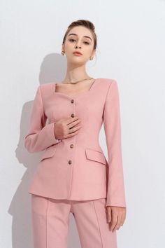 Feminine Fitted Blazer With Button Closure, Fitted Feminine Blazer With Button Closure, Feminine Fitted Blazer For Semi-formal Occasions, Feminine Blazer With Button Closure For Work, Dusty Rose Suit, 3d Draping, Rosé Suit, Mean Blvd, Hourglass Silhouette