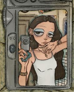 a drawing of a woman taking a selfie in a mirror with her hand up to her face