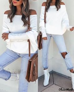 Olivia Mark - Chic Off-Shoulder Batwing Sleeve Blouse Olivia Mark Clothing, Casual White Off-shoulder Top For Fall, White Blouse For Fall, White Solid Color Blouse For Fall, Trendy White Off-shoulder Long Sleeve Top, Casual White Cold Shoulder Top, Fall Off-shoulder White Blouse, White Long Sleeve Off-shoulder Top For Fall, Chic White Off-shoulder Top For Fall