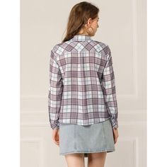 The long sleeve button-up shirt accentuates a fashionable feminine style o bright days. Patterned in classic plaid, this button-front shirt is an effortless casual go-to. The relaxed fit is comfortable and lets you wear it tucked in or hanging out. Pair it with your favorite jeans or denim skirt to create a casual or feminine look. This versatile shirt is perfect for various occasions, including shopping, work, weekend gatherings, and daily casual wear. Made from 100% polyester, it offers a ligh Trendy Plaid Button-up Shirt, Trendy Plaid Button-down Shirt, Trendy Collared Flannel Shirt For Spring, Spring Long Sleeve Plaid Top, Plaid Long Sleeve Top For Spring, Spring Flannel Shirt With Relaxed Fit, Relaxed Fit Flannel Shirt With Button Closure For Spring, Spring Casual Flannel Work Shirt, Spring Casual Flannel Workwear Shirt