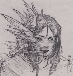 a drawing of a woman with wings on her head and hands in front of her face