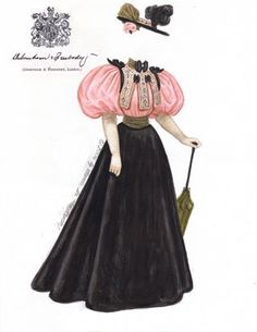 an illustration of a woman in a black dress and hat with a pink top on her head