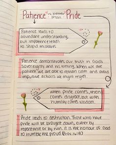 an open notebook with writing on it that says,'patience is better than pride '