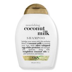 Nourishing + Coconut Milk Shampoo - NRSHNG + COCONUT MILK SHAM 13.0OZBenefitsOGX Nourishing + Coconut Milk Moisturizing Shampoo to hydrate & restore dry, damaged hairThe hair wash with an intensely moisturizing formula delivers immediate softness after the first useNew formula protects hair from excessive loss of lipids & proteins which creates frizz & breakageNew LipiPro Shield (TM) Technology delivers 2x more protein & lipid protection** for healthy hair**vs. non-conditioning shampoo, with con Ogx Coconut Milk, Coconut Milk For Hair, Ogx Shampoo, Coconut Milk Conditioner, Coconut Milk Shampoo, Egg White Protein, Coconut Shampoo, Shampoo For Curly Hair, Hair Rinse