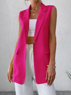 Pink Vest Blazer Outfit, Pink Sleeveless Blazer Outfit, Chaleco Fucsia Outfits, Sleeveless Blazer Outfit Summer, Pink Vest Outfits For Women, Blazer Vest Outfit, Pink Vest Outfit