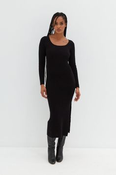 A thick knit midi dress with scoop neck and side slit. Layered here with our Wool Coat Midi Dress Winter, Black Long Sleeve Midi Dress, Fall Boots Outfit, Scoop Neck Midi Dress, Backless Mini Dress, Grey Knit Sweater, Knit Midi, Knit Midi Dress, Black Midi Dress