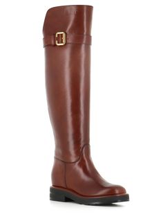 Cognac soft leather women's over-the-knee Boot by Chloè, featuring by an oversized strap with a gold-coloured buckle. Serrated rubber sole. Lined interior. internal rise. Heel: 5 cm Leg height: 49 cm Circumference: 40 cmComposition: Leather Chloe Boots, Knee Boot, French Chic, Boot Pumps, Brown Leather Boots, Sneaker Wedge, Prada Shoes, Pump Sandals, Boots Shoes