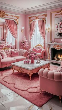 a living room with pink furniture and curtains