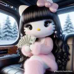 a hello kitty doll sitting in the back seat of a car holding money and wearing a pink fur coat