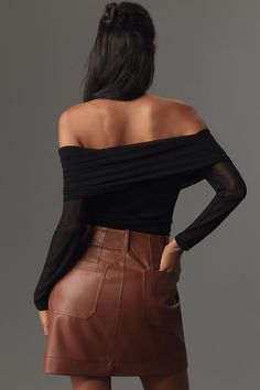 Inspired by the iconic pant, the Colette Skirt offers the same casual polish with a form-fitting high-rise silhouette and thoughtful tailoring. | The Colette Skirt by Maeve: Faux Leather Mini Edition in Brown, Women's, Size: XL, Viscose/Polyurethane/Tin at Anthropologie Brown Leather Mini Skirt, Faux Leather Mini Skirt, Warrior Queen, Leather Mini Skirt, Greek Goddess, Leather Mini Skirts, Leather Mini, Mini Skirt, Brown Leather